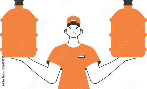 Water delivery concept. A man holds a bottle of water in his hands. Lineart style.