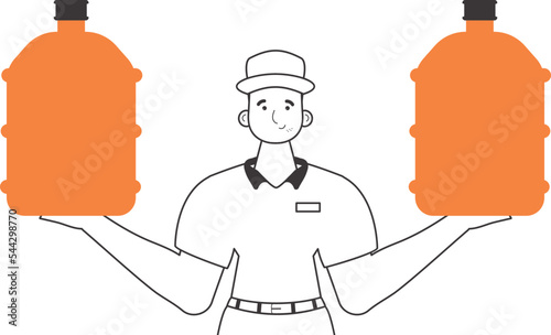 Water delivery concept. A man with a large bottle of water in his hands. Linear style.