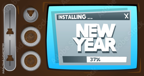 Cartoon Computer With the word New Year. Message of a screen displaying an installation window. Holiday greeting card. Abstract vector illustration.