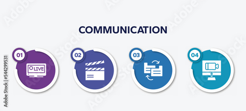 infographic element template with communication filled icons such as live sports, clapboard, file transfer, videocall vector.