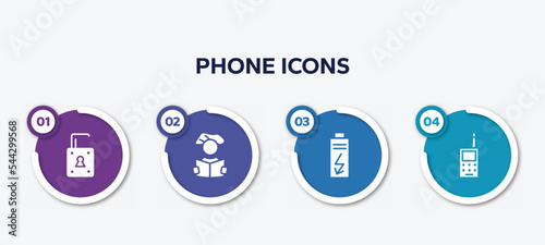 infographic element template with phone icons filled icons such as unlocked, reader, charge, vintage cellphone vector.