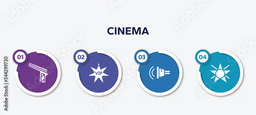 infographic element template with cinema filled icons such as hitman, vip person, ventriloquist, film star vector.