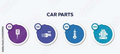 infographic element template with car parts filled icons such as car ignition, car distributor, dipstick, bucket seat vector.