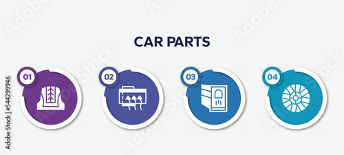 infographic element template with car parts filled icons such as car cowl, car demister, reversing light, hubcap vector.