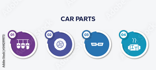 infographic element template with car parts filled icons such as car pedal, car clutch, grille or radiator grille, catalytic converter vector.