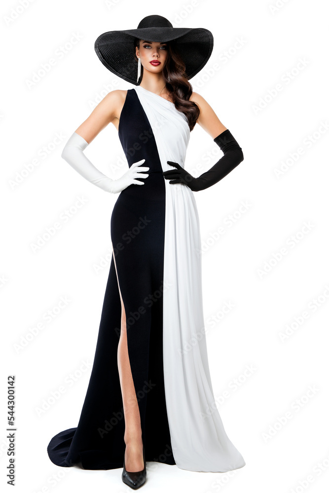 Woman Black and White Formal Dress. Fashion Model in Long Evening Contrast  Gown. Elegant Lady in Black Hat and Gloves over Isolated Background. Chess  Queen Concept Stock Photo | Adobe Stock