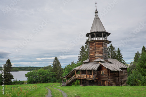 Chapel, Wooden Architecture on Kizhi Island in Lake Onega in Karelia, Russia. Rural summer landscape with a wooden church.