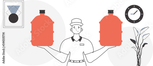A man holds a bottle of water in his hands. Water delivery concept. Linear modern style.