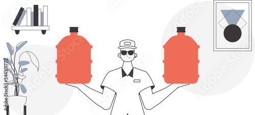 A man holds a bottle of water in his hands. Water delivery concept. Lineart style.