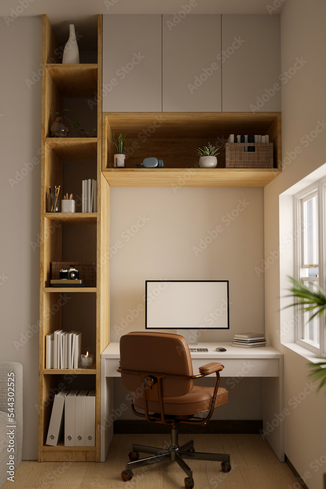 Fototapeta premium Modern minimal contemporary home working space in white and wood style with pc computer mockup