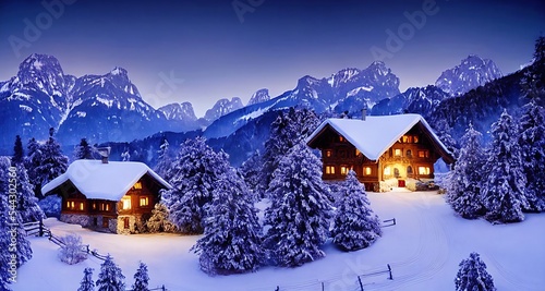 Snow-covered landscape with chalet houses, in the foothills of the Alps.