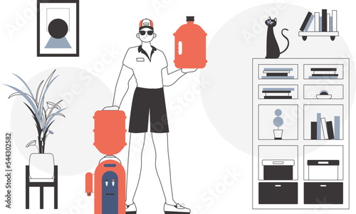 A man with a large bottle of water in his hands. Water delivery concept. Lineart style.