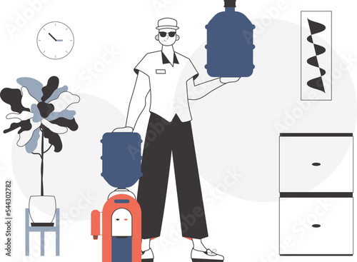 A man with a large bottle of water in his hands. Water delivery concept. Linear trendy style.