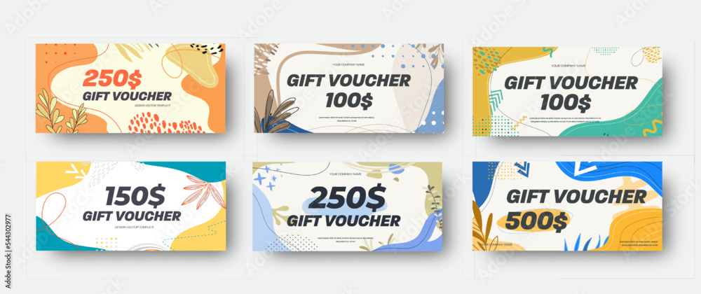 Set of white vector discount vouchers with colorful abstract design