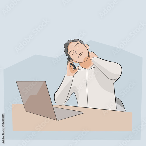 man talking on the phone overwork stressed tired and neck sprain hurt
