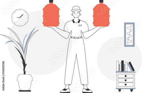 A guy with a big bottle of water in his hands. Water delivery concept. Linear modern style.