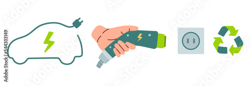 Hand holding power connector for refuel, electric car with plug symbol, EV car, green hybrid vehicle charging point logo