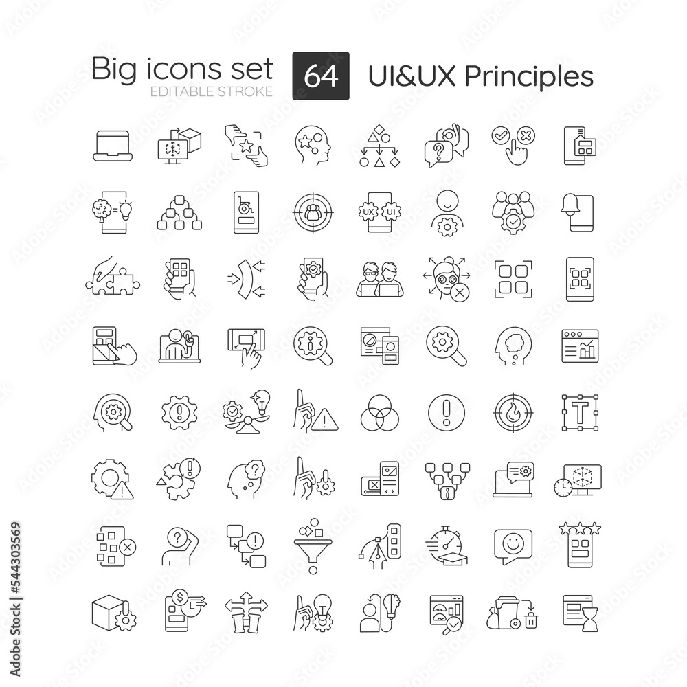 User experience and interface design principles linear big icons set. Web usability. Customizable thin line symbols. Isolated vector outline illustrations. Editable stroke. Quicksand-Light font used User experience and interface design principles linear big icons set. Web usability. Customizable thin line symbols. Isolated vector outline illustrations. Editable stroke. Quicksand-Light font used