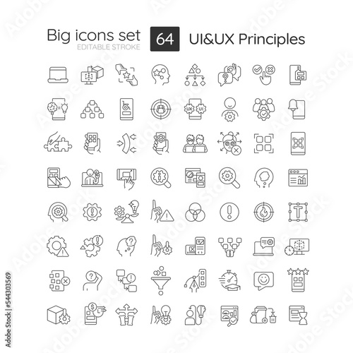 User experience and interface design principles linear big icons set. Web usability. Customizable thin line symbols. Isolated vector outline illustrations. Editable stroke. Quicksand-Light font used