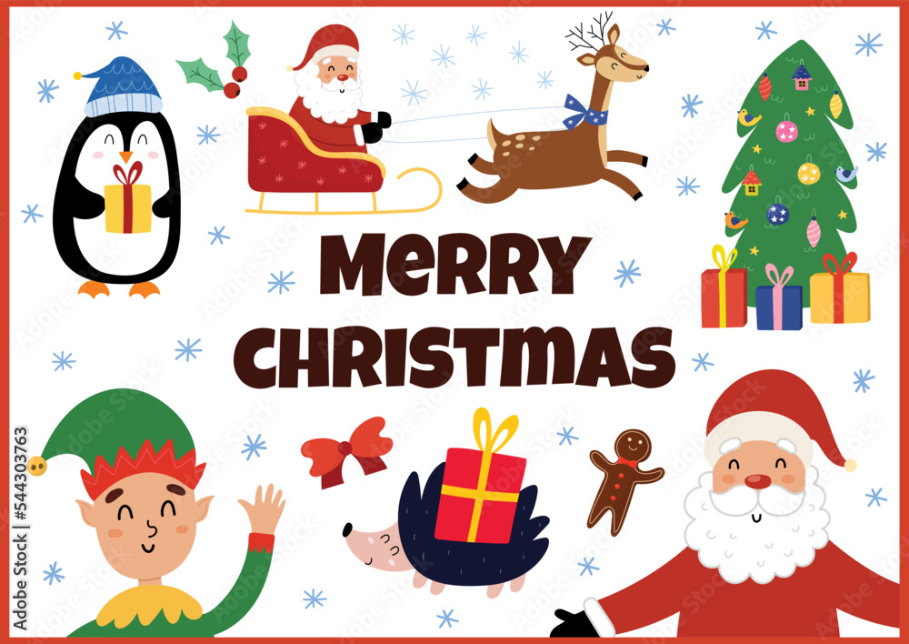 Fototapeta premium Merry Christmas banner with cute characters. Winter season background in cartoon style with Santa, penguin, deer and christmas tree. Vector illustration