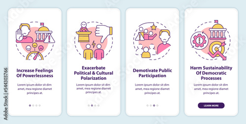 Problems of conventional engagement onboarding mobile app screen. Walkthrough 4 steps editable graphic instructions with linear concepts. UI, UX, GUI template. Myriad Pro-Bold, Regular fonts used