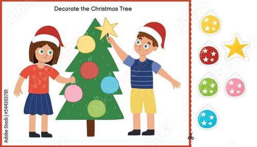 Decorate the Christmas tree cut and glue activity page for kids. Cut the toys and match them by color. Educational game for children. Sensory activity template. Vector illustration