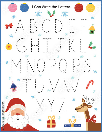 I can write letters Christmas worksheet for kids. Winter activity page with cute characters. Trace letters with Santa and reindeer in US Letter format. Vector illustration