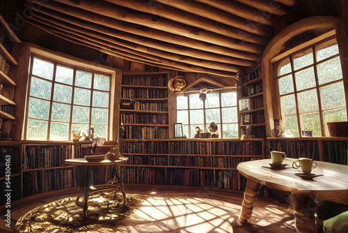 interior of a library, books in a cozy warm wooden library © Gbor