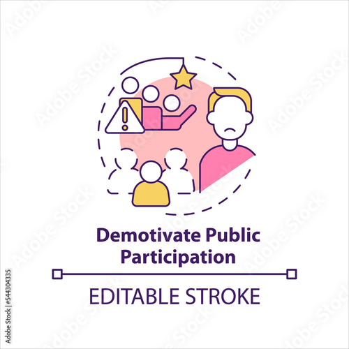 Demotivate public participation concept icon. Low social activity. Reduce interaction abstract idea thin line illustration. Isolated outline drawing. Editable stroke. Arial, Myriad Pro-Bold fonts used