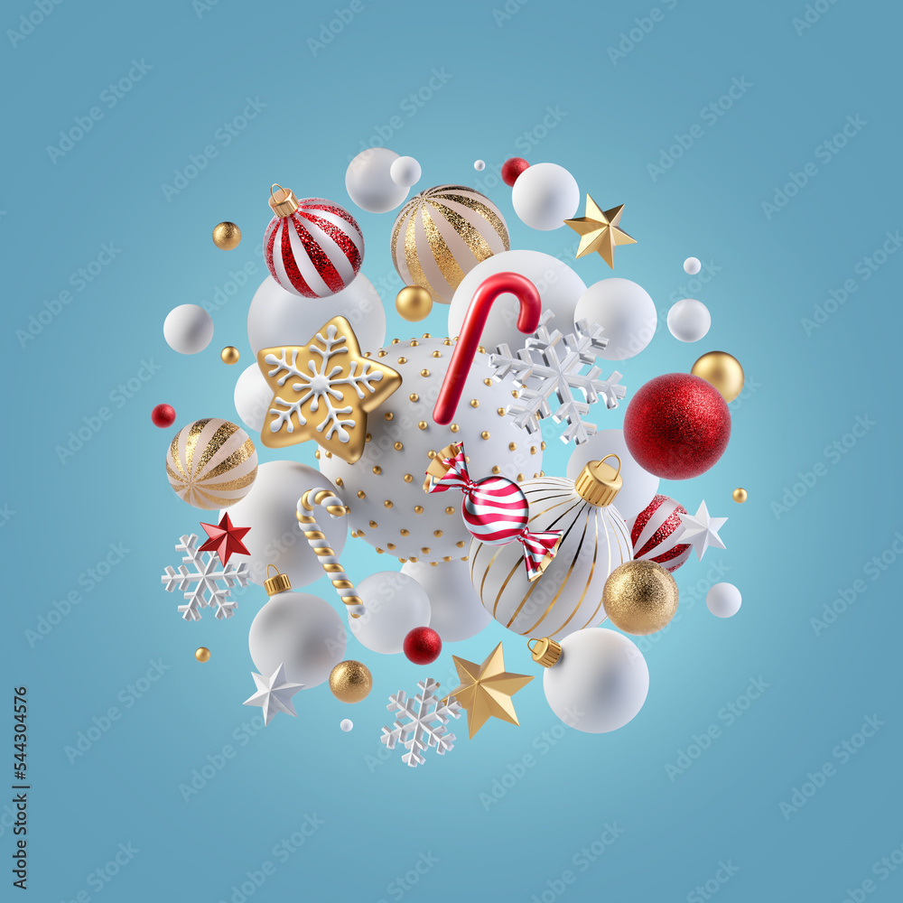 Ilustracja Stock: 3d rendering, red white gold Christmas ornaments