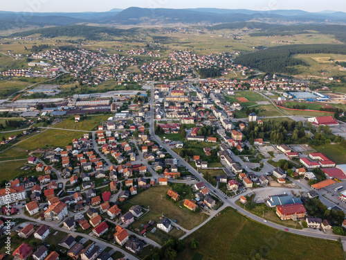 Sokolac, Bosnia and Herzegovina, aerial drone view. Buildings, houses and streets. Panoramic view.  photo