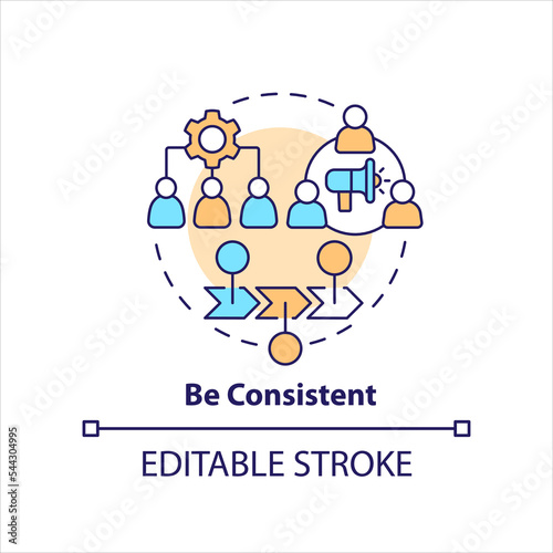 Be consistent concept icon. Keep audiences engaged. Post content regularly. SMM plan abstract idea thin line illustration. Isolated outline drawing. Editable stroke. Arial, Myriad Pro-Bold fonts used