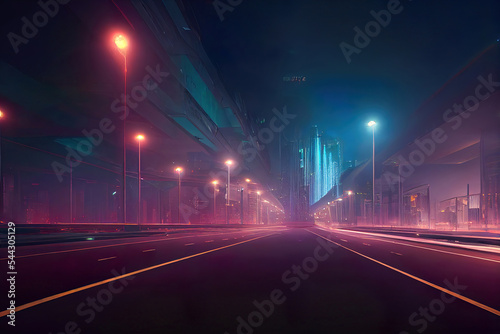 futuristic night traffic in the city, vehicle lights, long exposure, cyberpunk colors