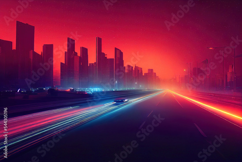 futuristic night traffic in the city  vehicle lights  long exposure  cyberpunk colors