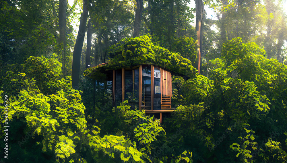 Illustration of fururistic tinytree house surrounded by greenery Illustration of fururistic tinytree house surrounded by greenery