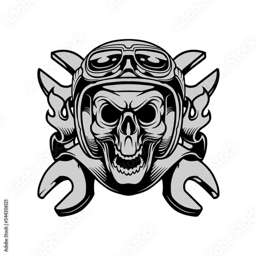 automotive skull wearing helmet and goggle sunglasses logo with crossed wrench and banner