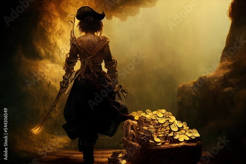 Fototapeta Concept art of a woman pirate exiting a cave full of gold and treasures