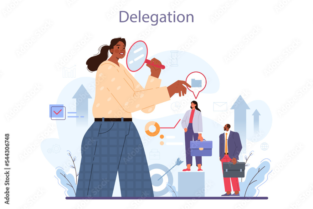 Soft skills concept. Business people or employee with delegation - obrazy, fototapety, plakaty 