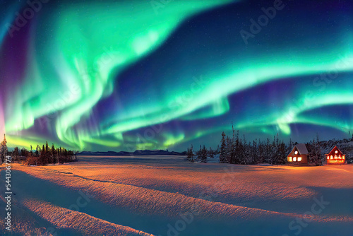 Foto aurora borealis over lake and ocean and mountains, norvegia, lofoten northern li