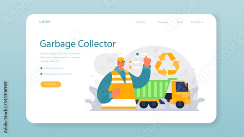 Grabage collector web banner or landing page. Cleaning worker emtying bin