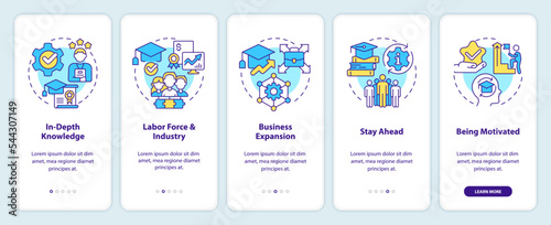 Industry specific education onboarding mobile app screen. Skills walkthrough 5 steps editable graphic instructions with linear concepts. UI, UX, GUI template. Myriad Pro-Bold, Regular fonts used