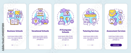 Supplemental education service providers onboarding mobile app screen. Walkthrough 5 steps editable graphic instructions with linear concepts. UI, UX, GUI template. Myriad Pro-Bold, Regular fonts used