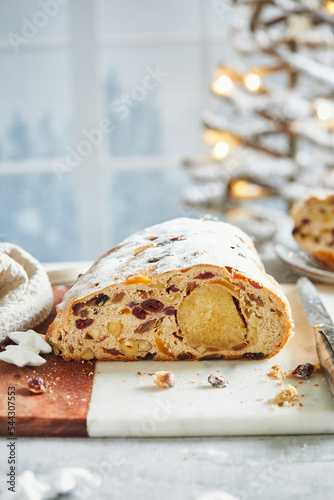 Christmas stollen sliced open revealing the delicious inside