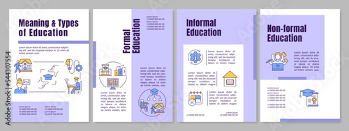 Education meaning and types of purple brochure template. Leaflet design with linear icons. Editable 4 vector layouts for presentation, annual reports. Anton, Lato-Regular fonts used