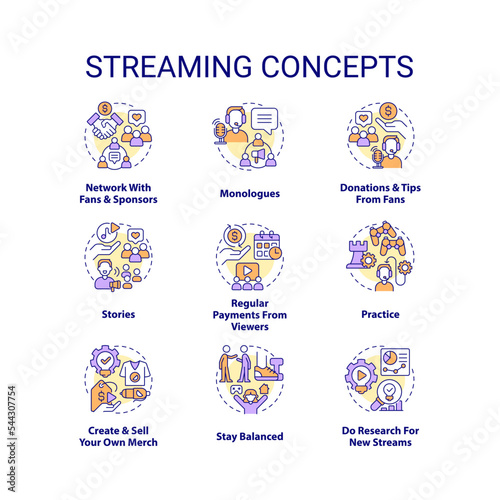 Streaming concept icons set. Live video. Esports broadcasting. Online streamer idea thin line color illustrations. Isolated symbols. Editable stroke. Roboto-Medium, Myriad Pro-Bold fonts used