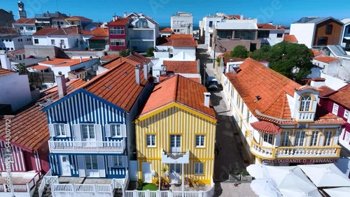 Colored houses on the beach of Costa Nova on the shore of the Ria de Aveiro on the Atlantic coast of Portugal. It belongs to the city of Ilhavo. Aerial view from a drone. Portugal. Europe photo