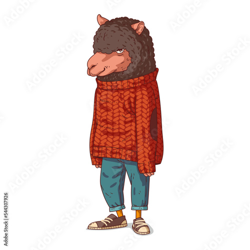 Calm Urban Guy, isolated vector illustration. A trendy dressed sheep person. Animal art. A lamb with a human body in a casual outfit on white background. Drawn animal sticker. Calm ewe character.