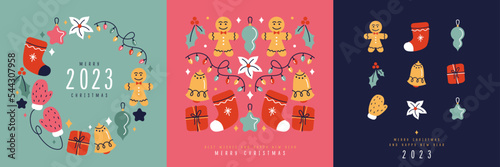 New Year, Winter, Christmas seamless pattern background for cards, postcards with gift bell lights