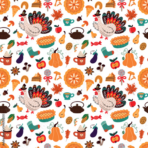 Thanksgiving day with Turkey and autumn elements. Vector illustration photo