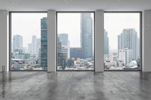 Empty room Interior Skyscrapers View Bangkok. Downtown City Skyline Buildings from High Rise Window. Beautiful Expensive Real Estate overlooking. Day time. 3d rendering.